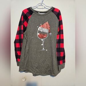 Long Sleeve Partial Flannel Christmas‎ Themed T-Shirt